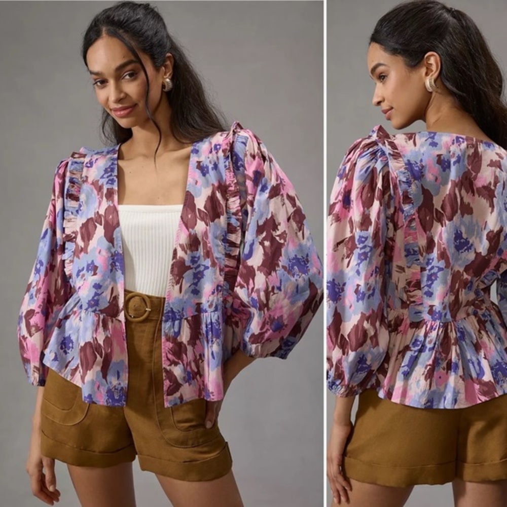 Elizabeth Gillett Anthropologie Ruffled Cropped Kimono, O/S NWT